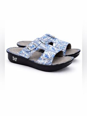 Alegria Peggy Slide Sandals Blue Floral Paisley Print Comfort Platform Slip-On